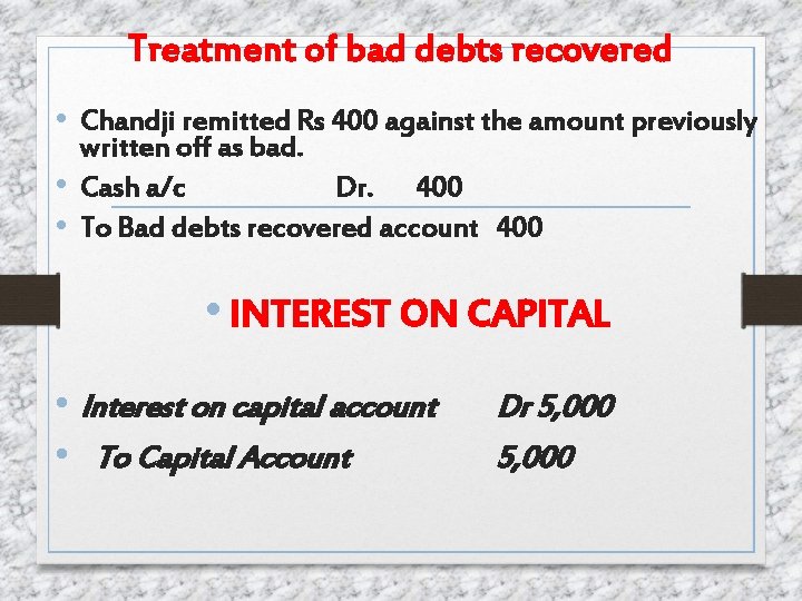 Treatment of bad debts recovered • Chandji remitted Rs 400 against the amount previously