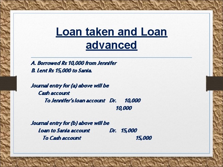 Loan taken and Loan advanced A. Borrowed Rs 10, 000 from Jennifer B. Lent