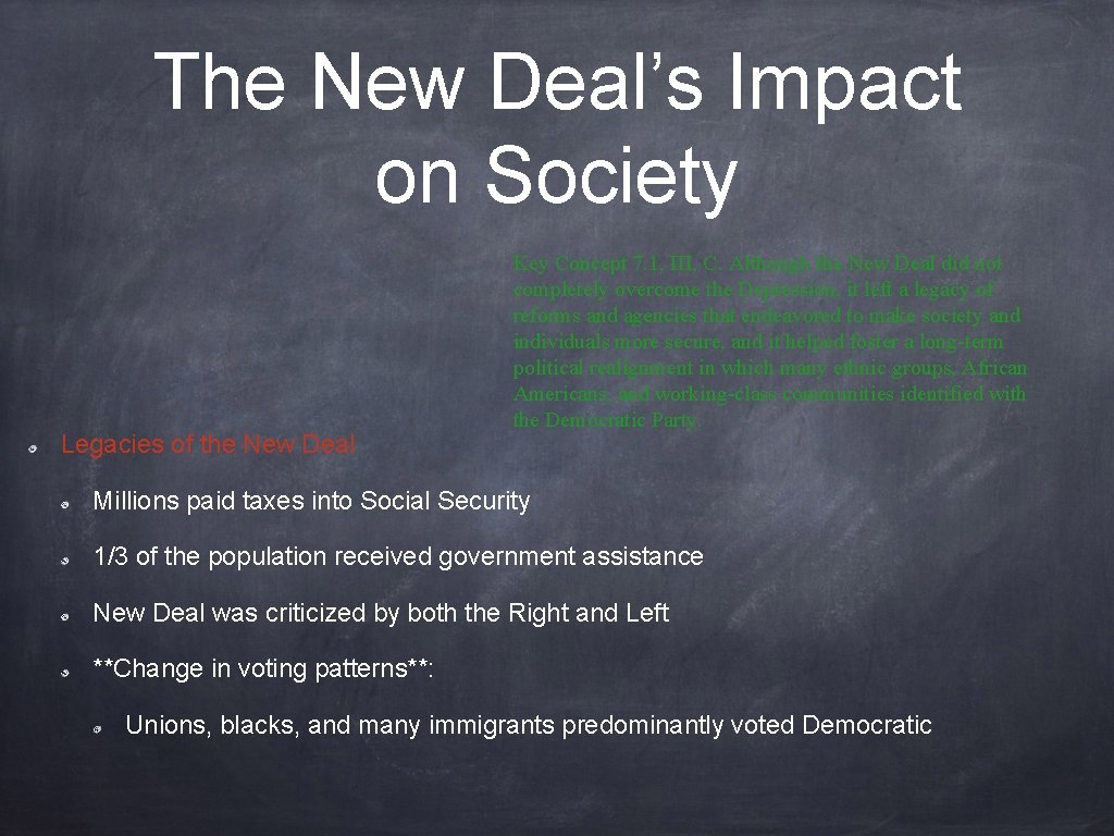 The New Deal’s Impact on Society Legacies of the New Deal Key Concept 7.