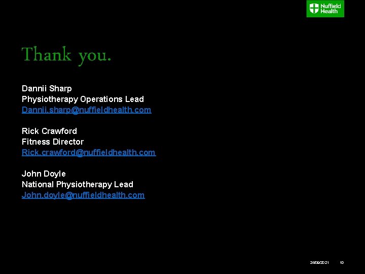 Thank you. Dannii Sharp Physiotherapy Operations Lead Dannii. sharp@nuffieldhealth. com Rick Crawford Fitness Director Thank you. Dannii Sharp Physiotherapy Operations Lead Dannii. sharp@nuffieldhealth. com Rick Crawford Fitness Director
