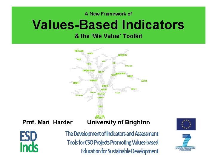 V A New Framework of Values-Based Indicators & the ‘We Value’ Toolkit Prof. Mari