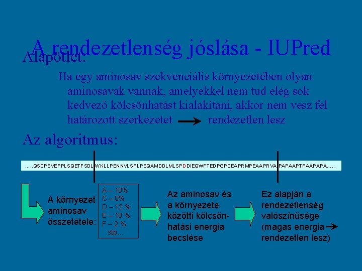 A rendezetlenség Alapötlet: jóslása - IUPred Ha egy aminosav szekvenciális környezetében olyan aminosavak vannak,