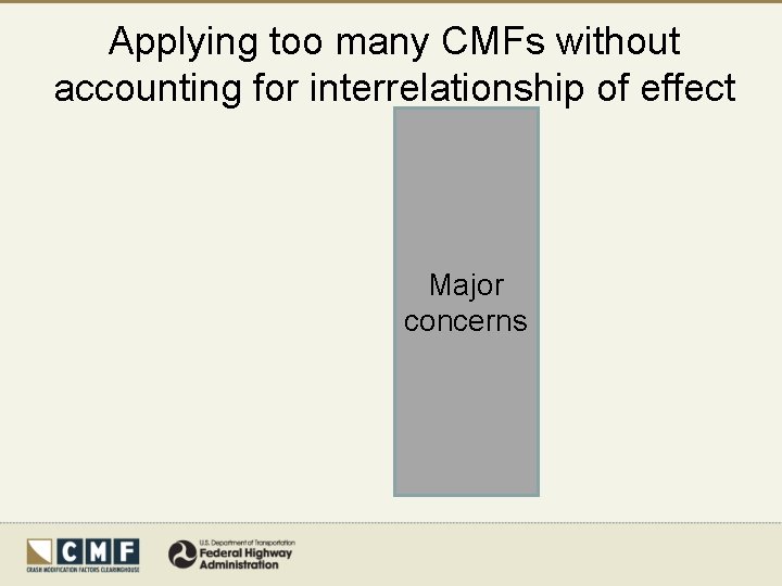 Applying too many CMFs without accounting for interrelationship of effect Major concerns 