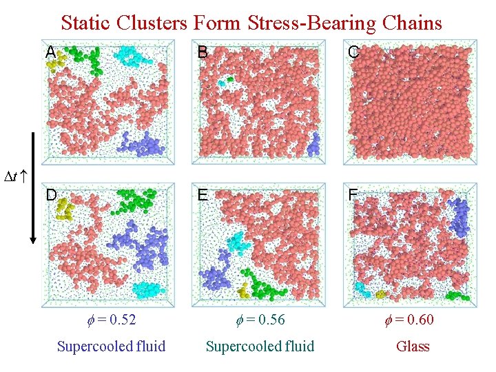 Static Clusters Form Stress-Bearing Chains t f = 0. 52 f = 0. 56