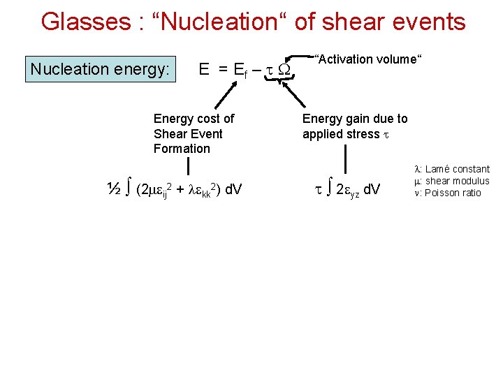 Glasses : “Nucleation“ of shear events Nucleation energy: E = Ef – t Energy