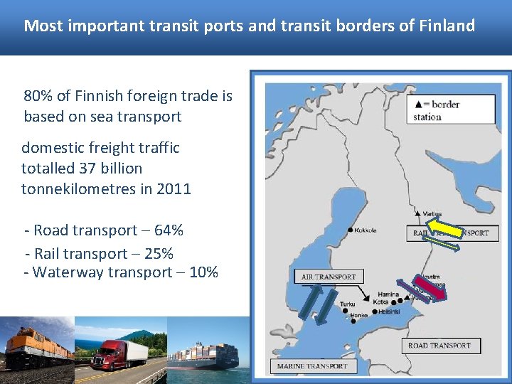 Most important transit ports and transit borders of Finland 80% of Finnish foreign trade