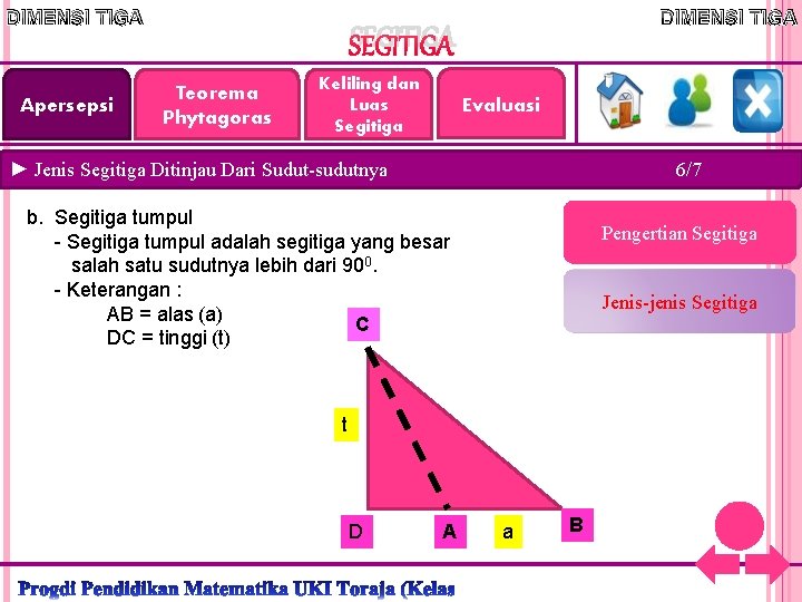 DIMENSI TIGA Apersepsi DIMENSI TIGA SEGITIGA Teorema Phytagoras Keliling dan Luas Segitiga Evaluasi ►