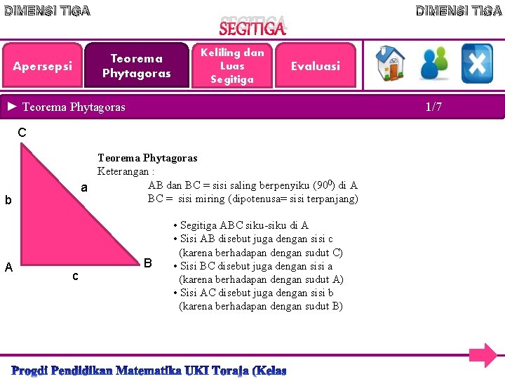 DIMENSI TIGA SEGITIGA Teorema Phytagoras Apersepsi DIMENSI TIGA Keliling dan Luas Segitiga Evaluasi ►