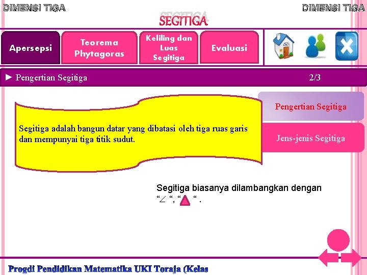 DIMENSI TIGA Apersepsi DIMENSI TIGA SEGITIGA Teorema Phytagoras Keliling dan Luas Segitiga Evaluasi ►