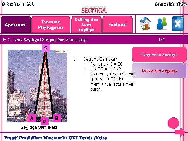 DIMENSI TIGA SEGITIGA Teorema Phytagoras Apersepsi DIMENSI TIGA Keliling dan Luas Segitiga Evaluasi ►