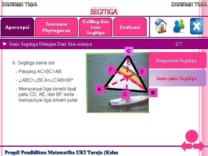 DIMENSI TIGA Apersepsi DIMENSI TIGA SEGITIGA Teorema Phytagoras Keliling dan Luas Segitiga Evaluasi ►