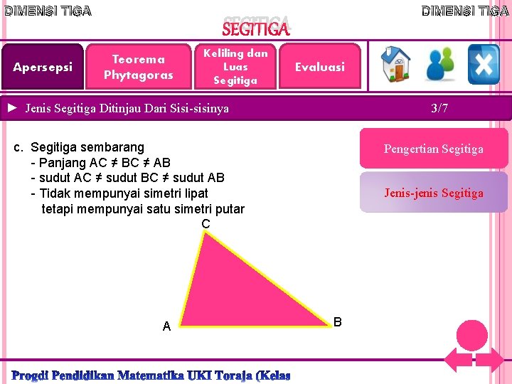 DIMENSI TIGA Apersepsi DIMENSI TIGA SEGITIGA Teorema Phytagoras Keliling dan Luas Segitiga Evaluasi ►