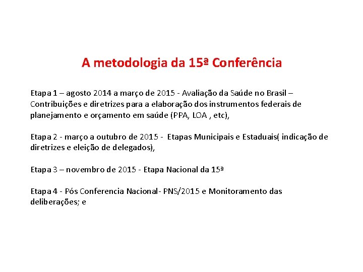 A metodologia da 15ª Conferência Etapa 1 – agosto 2014 a março de 2015