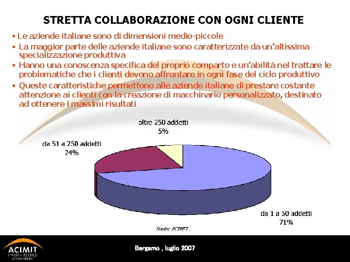 STRETTA COLLABORAZIONE CON OGNI CLIENTE • Le aziende italiane sono di dimensioni medio-piccole •