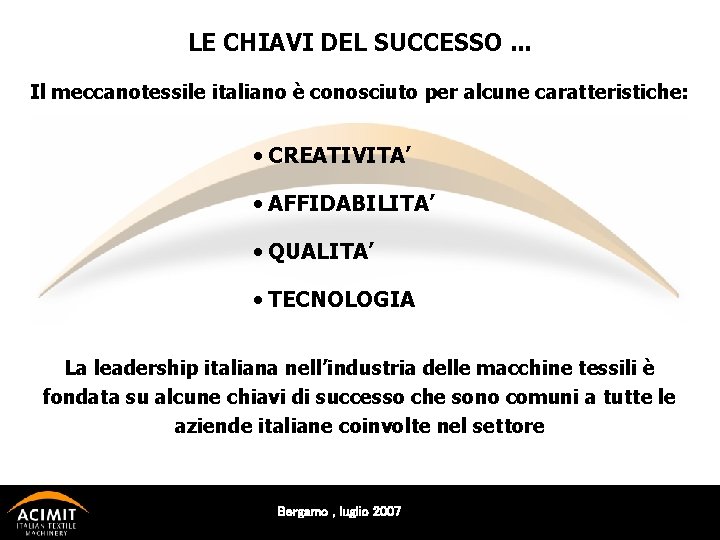 LE CHIAVI DEL SUCCESSO. . . Il meccanotessile italiano è conosciuto per alcune caratteristiche: