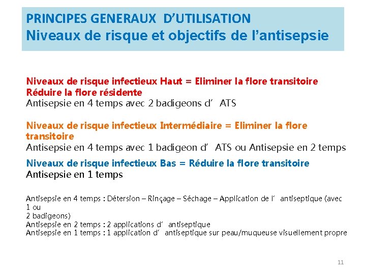 PRINCIPES GENERAUX D’UTILISATION Niveaux de risque et objectifs de l’antisepsie Niveaux de risque infectieux