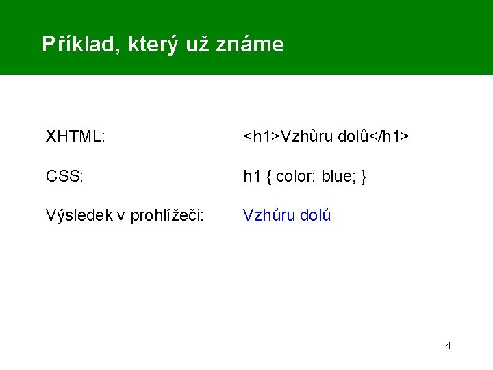 Příklad, který už známe XHTML: <h 1>Vzhůru dolů</h 1> CSS: h 1 { color: