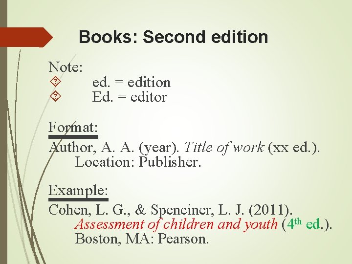 Books: Second edition Note: ed. = edition Ed. = editor Format: Author, A. A. Books: Second edition Note: ed. = edition Ed. = editor Format: Author, A. A.