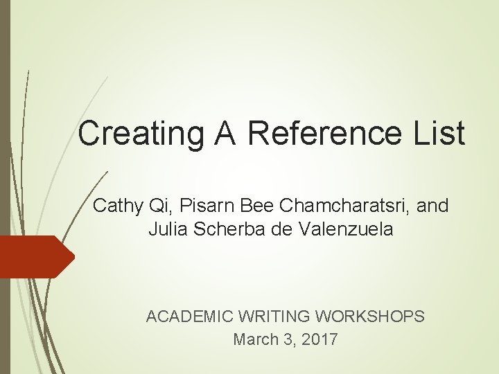 Creating A Reference List Cathy Qi, Pisarn Bee Chamcharatsri, and Julia Scherba de Valenzuela Creating A Reference List Cathy Qi, Pisarn Bee Chamcharatsri, and Julia Scherba de Valenzuela