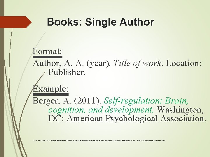 Books: Single Author Format: Author, A. A. (year). Title of work. Location: Publisher. Example: Books: Single Author Format: Author, A. A. (year). Title of work. Location: Publisher. Example: