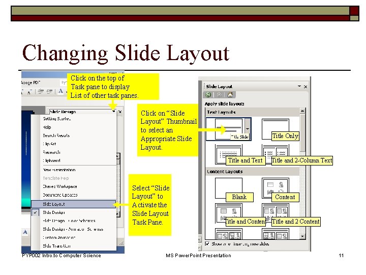 Changing Slide Layout Click on the top of Task pane to display List of