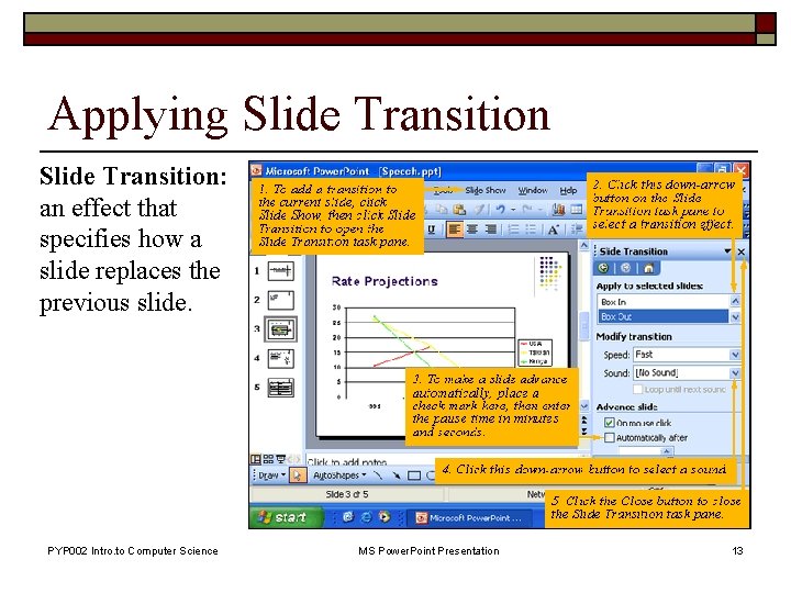 Applying Slide Transition: an effect that specifies how a slide replaces the previous slide.
