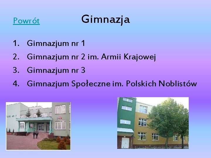 Powrót 1. 2. 3. 4. Gimnazja Gimnazjum nr 1 Gimnazjum nr 2 im. Armii