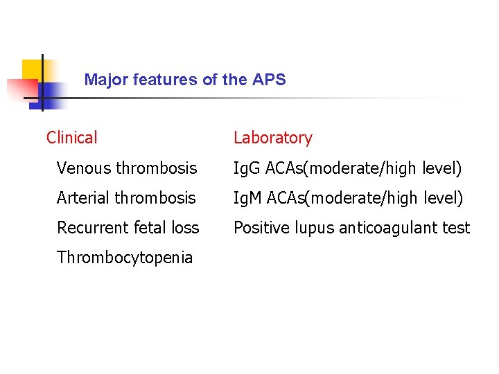 Major features of the APS Clinical Laboratory Venous thrombosis Ig. G ACAs(moderate/high level) Arterial