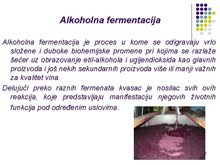 Alkoholna fermentacija je proces u kome se odigravaju vrlo složene i duboke biohemijske promene