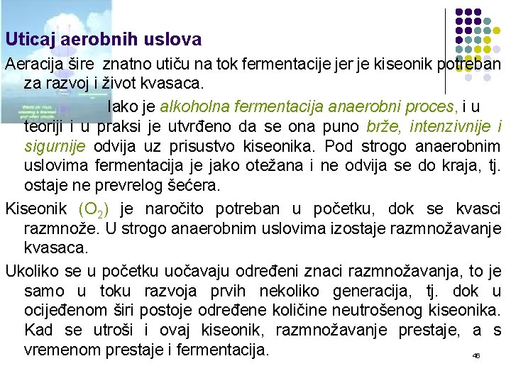 Uticaj aerobnih uslova Aeracija šire znatno utiču na tok fermentacije jer je kiseonik potreban