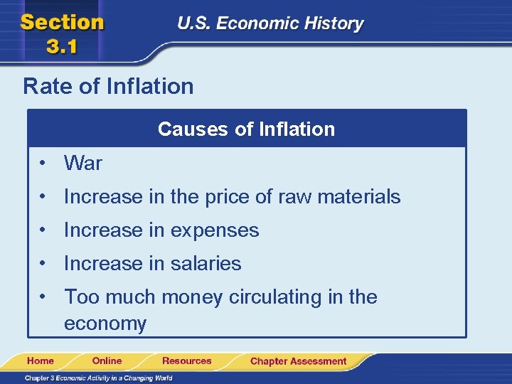 Rate of Inflation Causes of Inflation • War • Increase in the price of