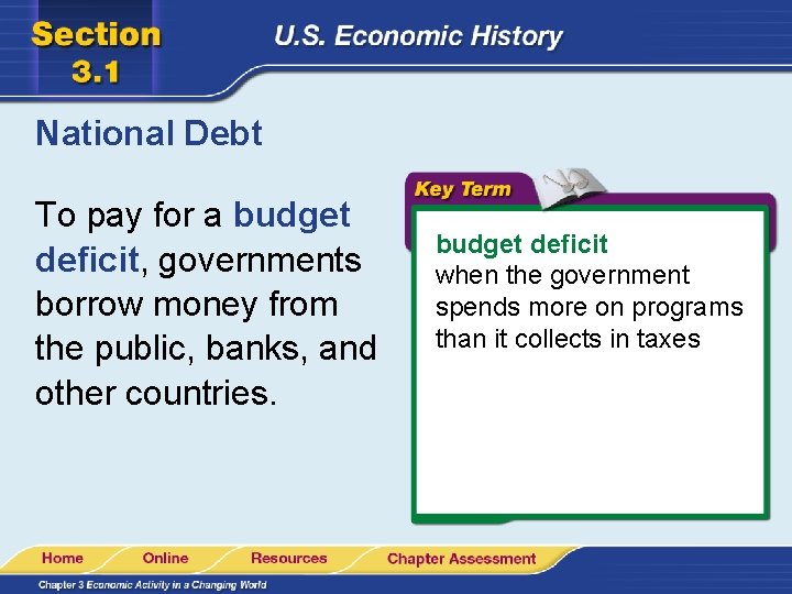 National Debt To pay for a budget deficit, governments borrow money from the public,