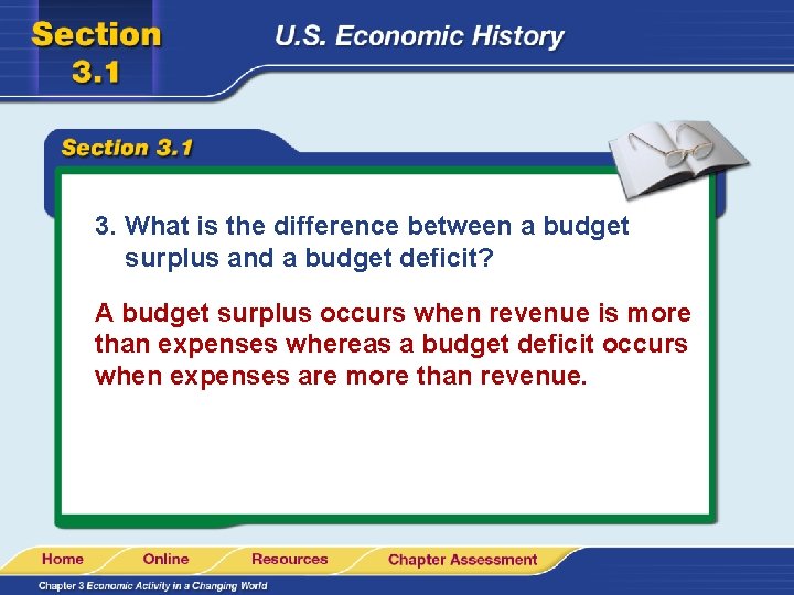 3. What is the difference between a budget surplus and a budget deficit? A