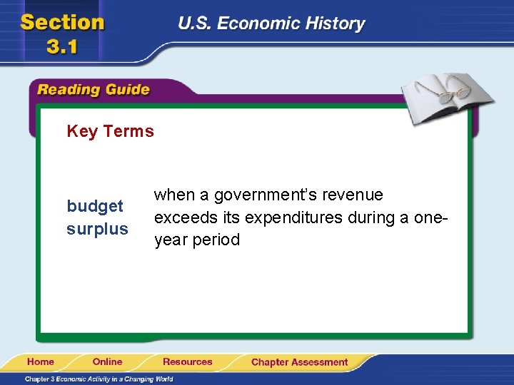 Key Terms budget surplus when a government’s revenue exceeds its expenditures during a oneyear