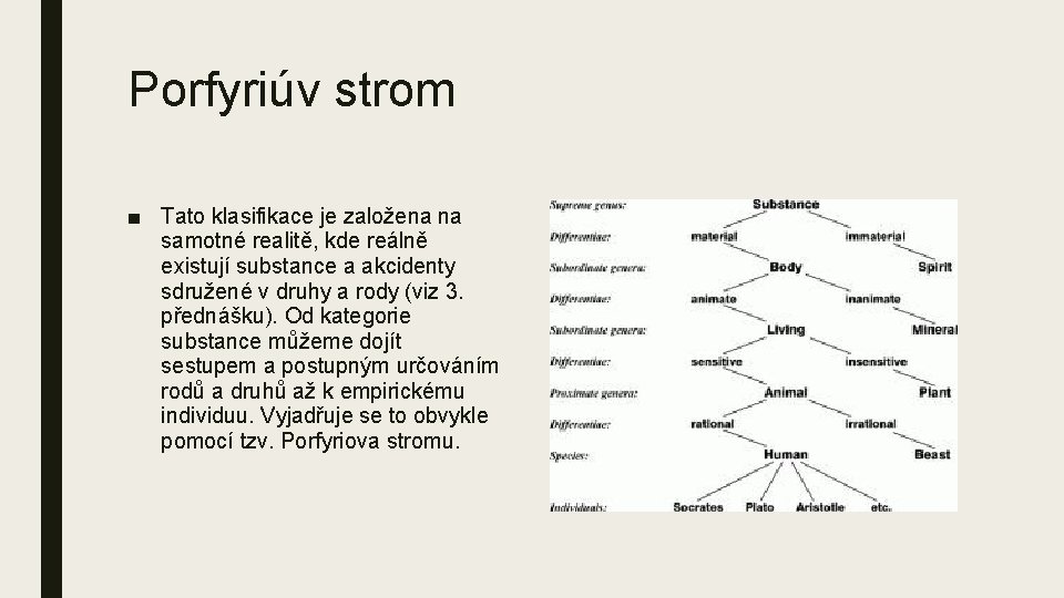 Porfyriúv strom ■ Tato klasifikace je založena na samotné realitě, kde reálně existují substance