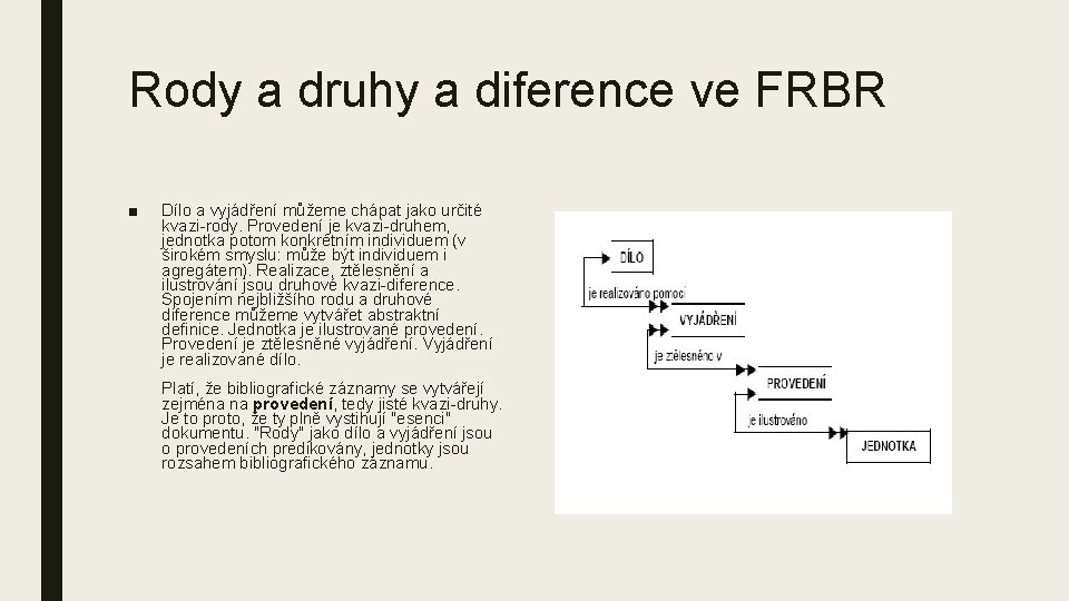 Rody a druhy a diference ve FRBR ■ Dílo a vyjádření můžeme chápat jako