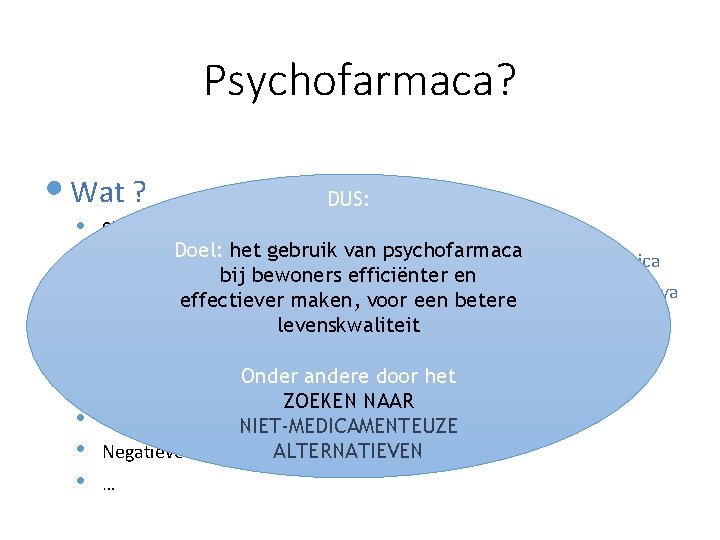 Psychofarmaca? • Wat ? • • • DUS: Slaap- en angstmedicatie of benzodiazepines Doel: