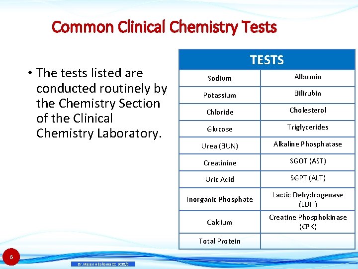 Common Clinical Chemistry Tests • The tests listed are conducted routinely by the Chemistry