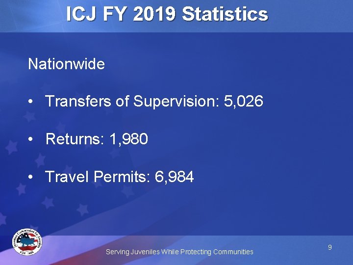 ICJ FY 2019 Statistics Nationwide • Transfers of Supervision: 5, 026 • Returns: 1,