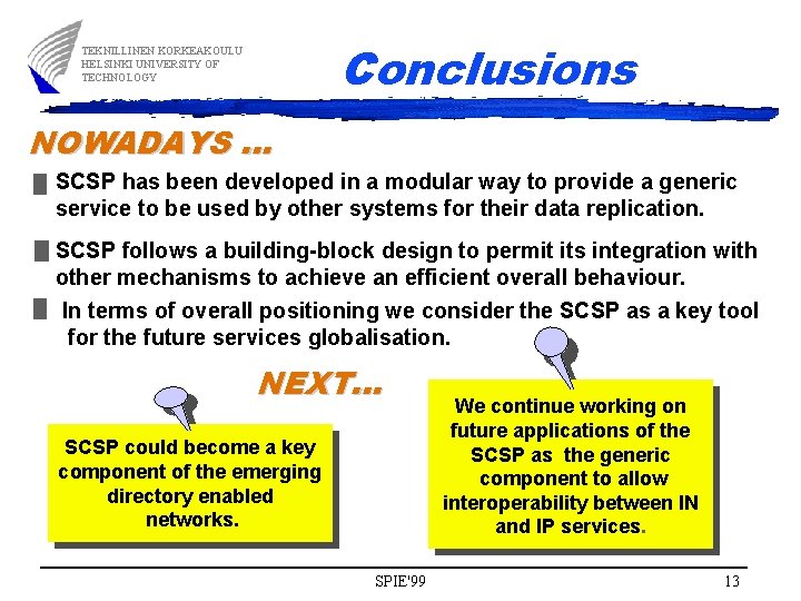 Conclusions TEKNILLINEN KORKEAKOULU HELSINKI UNIVERSITY OF TECHNOLOGY NOWADAYS. . . SCSP has been developed