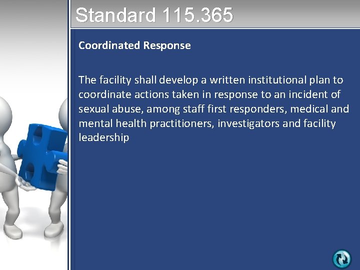 Standard 115. 365 Coordinated Response The facility shall develop a written institutional plan to Standard 115. 365 Coordinated Response The facility shall develop a written institutional plan to