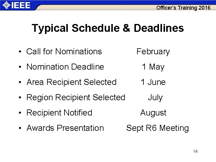 Officer’s Training 2016 Typical Schedule & Deadlines • Call for Nominations February • Nomination