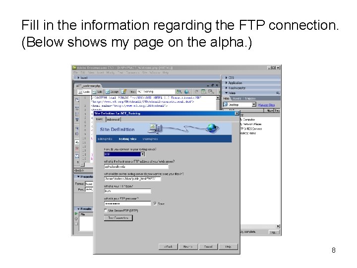 Fill in the information regarding the FTP connection. (Below shows my page on the