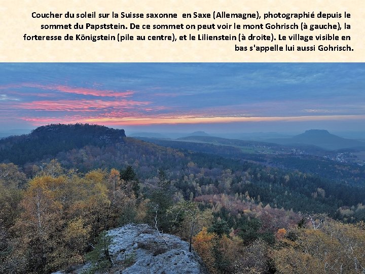 Coucher du soleil sur la Suisse saxonne en Saxe (Allemagne), photographié depuis le sommet