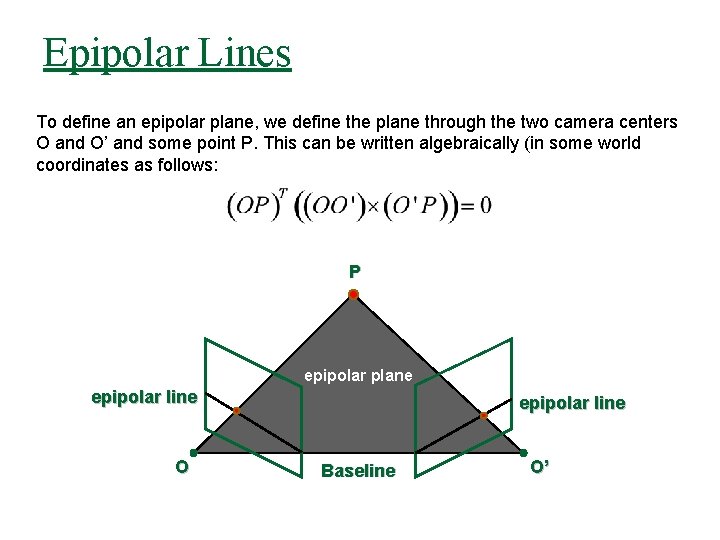Epipolar Lines To define an epipolar plane, we define the plane through the two