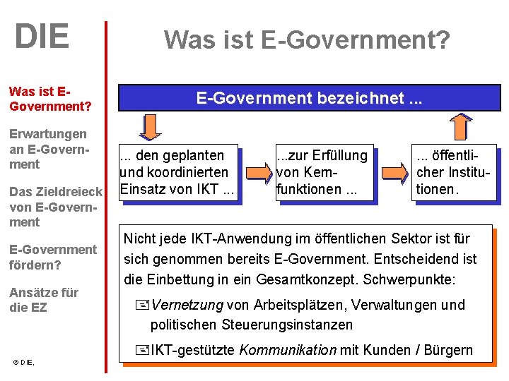 DIE Was ist EGovernment? Erwartungen an E-Government Das Zieldreieck von E-Government fördern? Ansätze für
