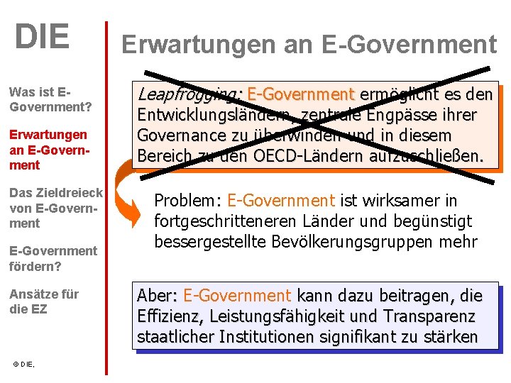 DIE Was ist EGovernment? Erwartungen an E-Government Das Zieldreieck von E-Government fördern? Ansätze für