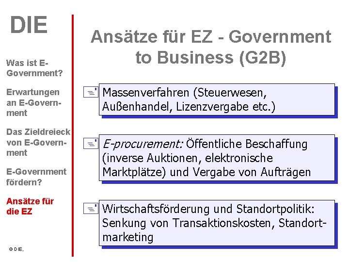 DIE Was ist EGovernment? Erwartungen an E-Government Das Zieldreieck von E-Government fördern? Ansätze für