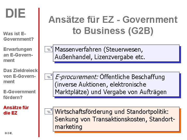 DIE Was ist EGovernment? Erwartungen an E-Government Das Zieldreieck von E-Government fördern? Ansätze für