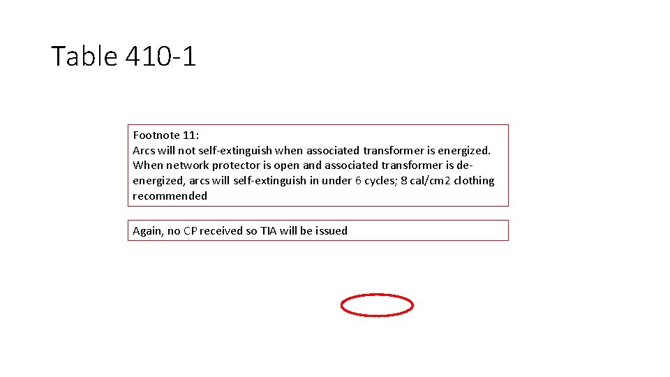 Table 410 -1 Footnote 11: Arcs will not self-extinguish when associated transformer is energized.